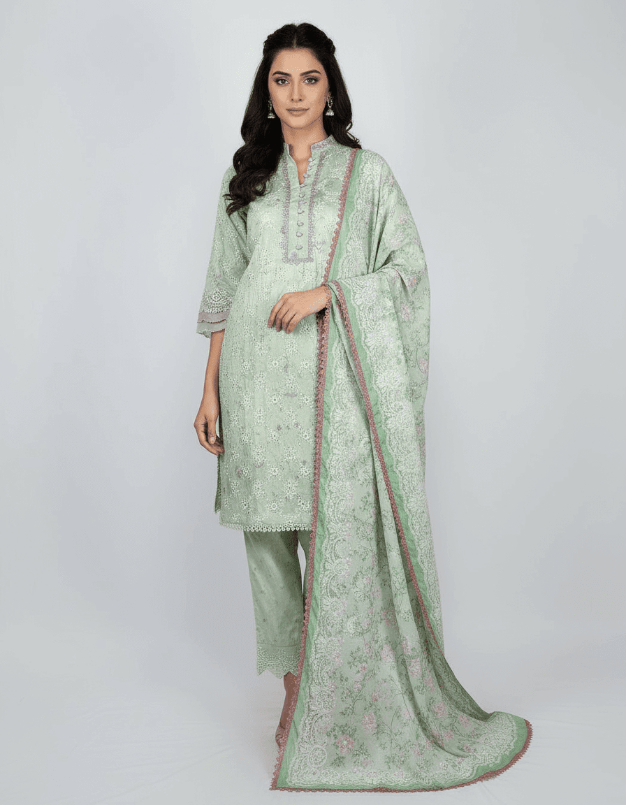 3 PIECES - Embroidered Printed shirt with trouser & Printed Dupatta - Image 1