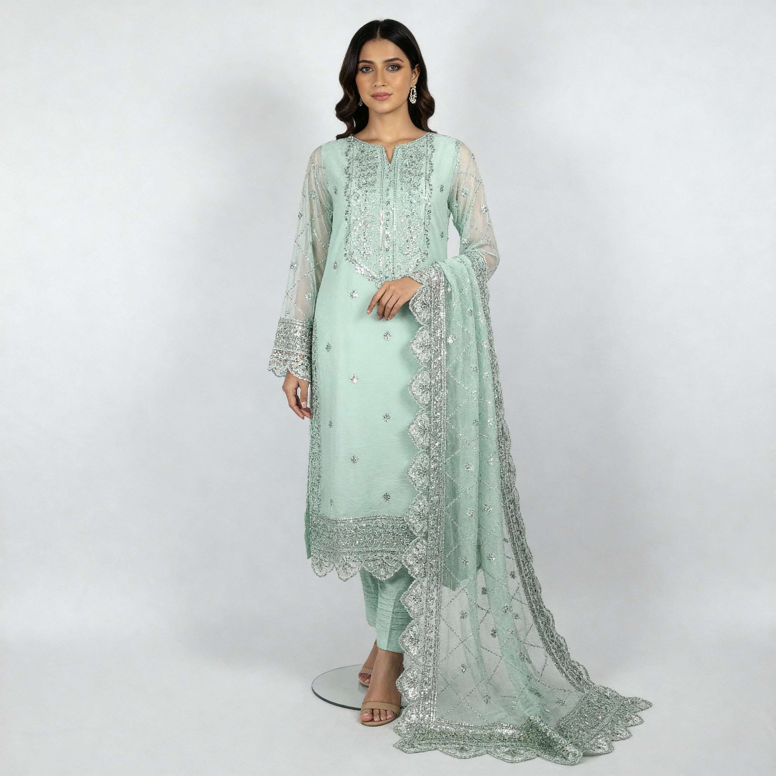 1. AI Model 3 PIECES – Embroidered Chiffon Shirt with Lady Creep Trouser & Embroidered Chiffon Dupatta - Image 1