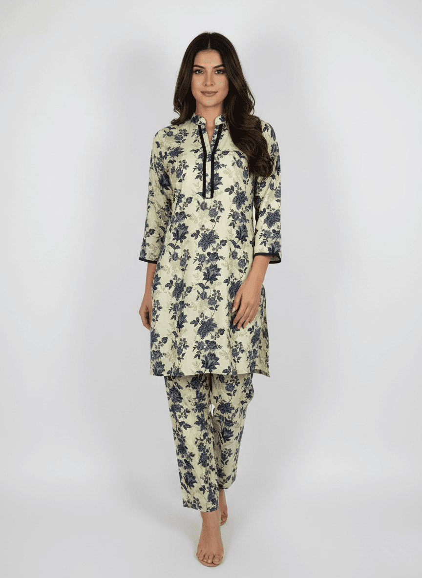 2 PIECES THE LUXE CREAM CO-ORD PRINTED SHIRT & BOTTOM - Image 1