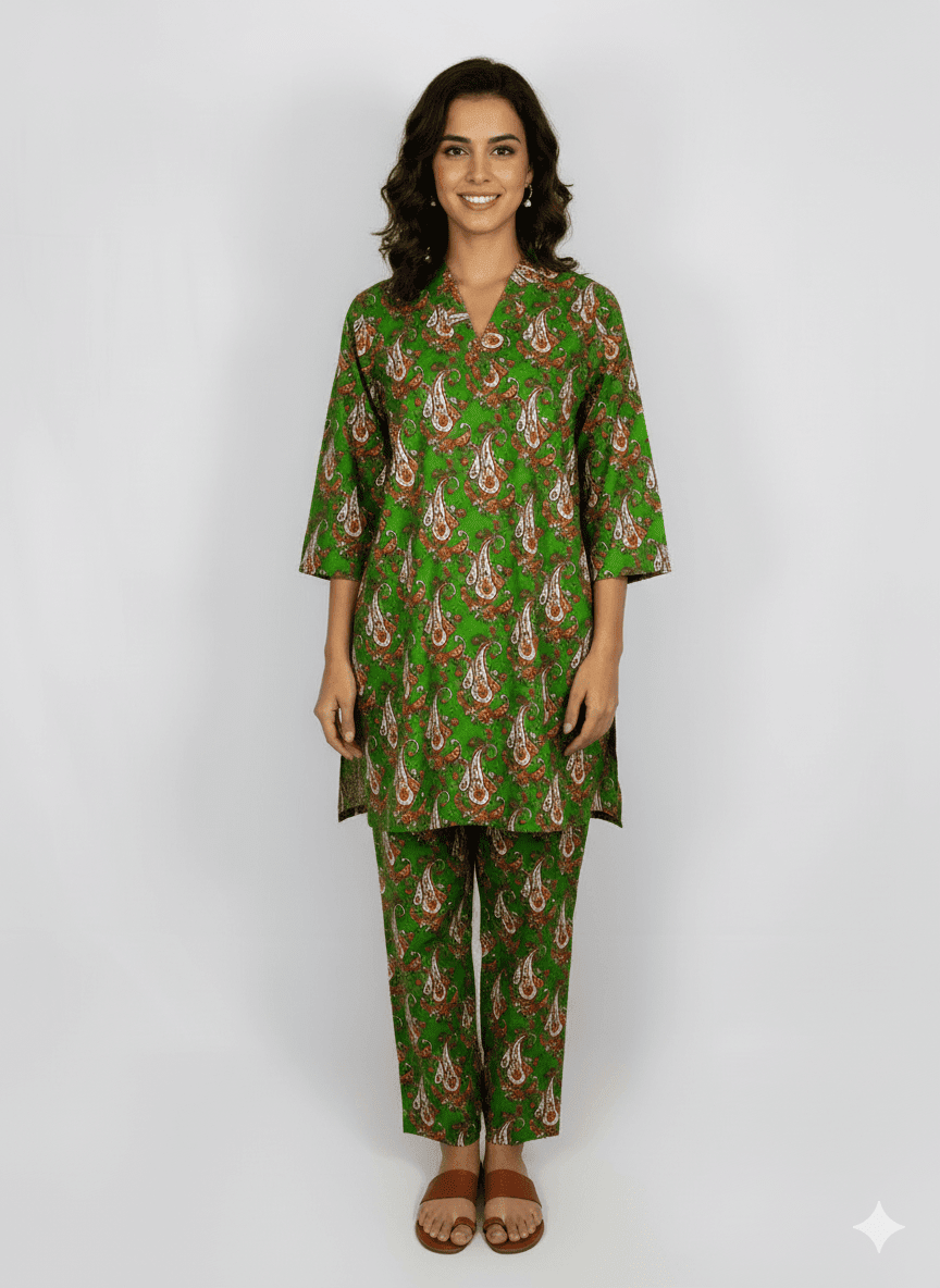 2 PIECES FABRIC-FORWARD BREATHE IN GREEN VELORA PRINTED SHIRT & BOTTOM - Image 1