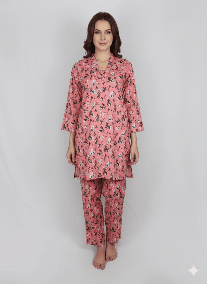 2 PIECES FEMININE & BOLD BLOOM IN PINK PRINTED SHIRT & BOTTOM - Image 1