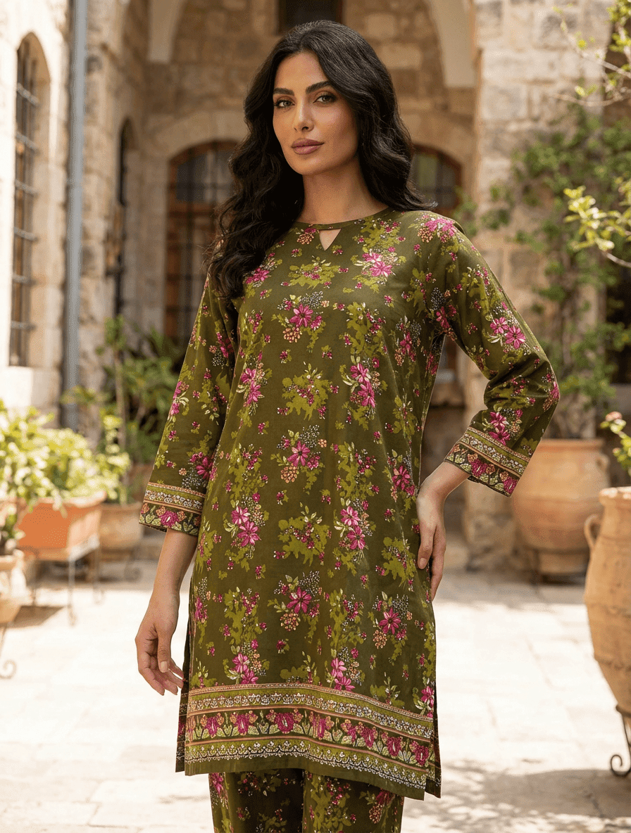 2 PIECES FRESH & FLORAL GREEN IN BLOOM PRINTED SHIRT & BOTTOM - Image 1