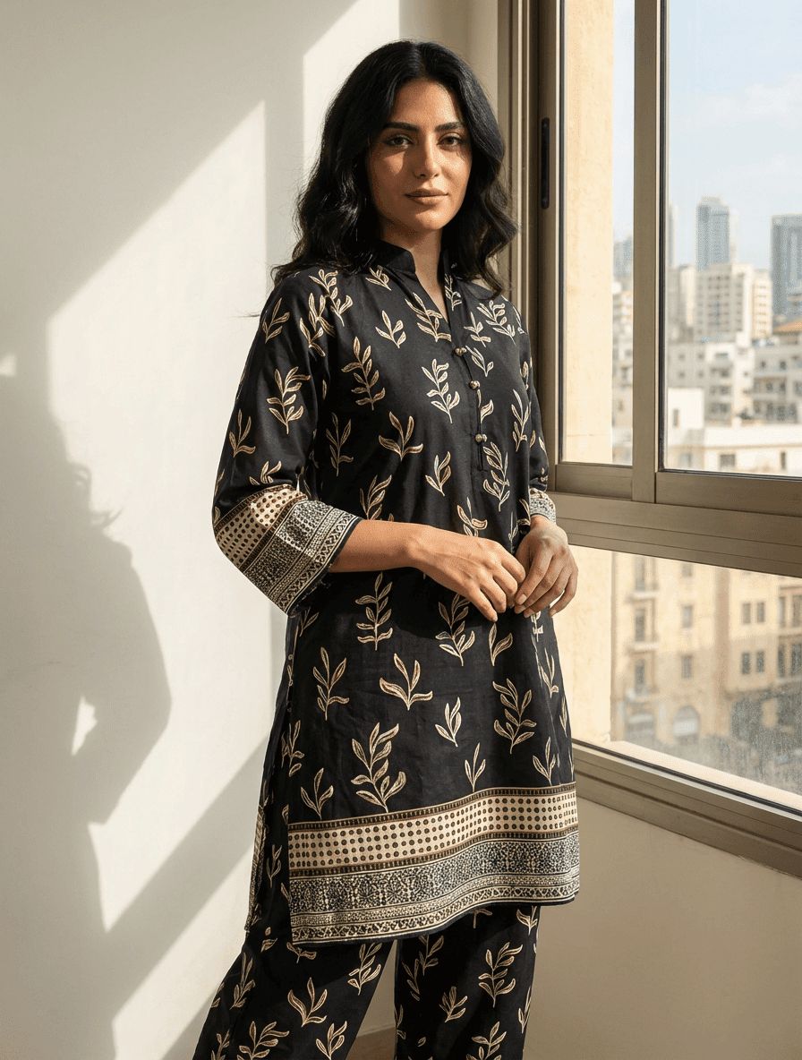 2 PIECES CLASSIC IN BLACK & PEARL   PRINTED SHIRT & BOTTOM - Image 1