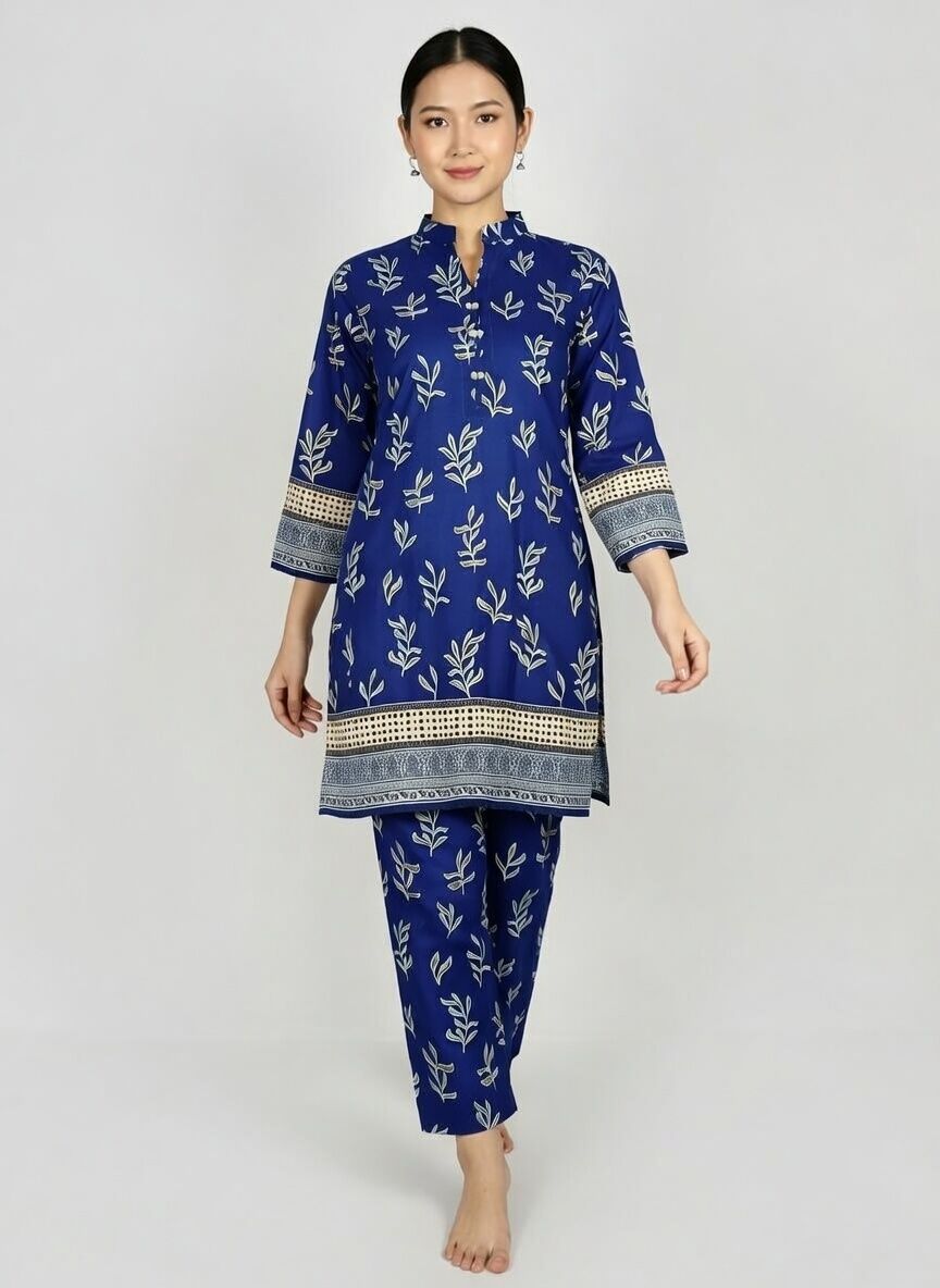 2 PIECES CASUAL TO FORMAL IN BLUE & PEARL PRINTED SHIRT & BOTTOM - Image 1
